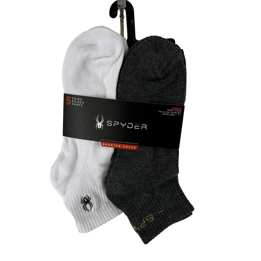 NEW Spyder Men Mesh Quarter Socks 5 Pairs White Black Shoe Size 6 -12 Absorb Tek